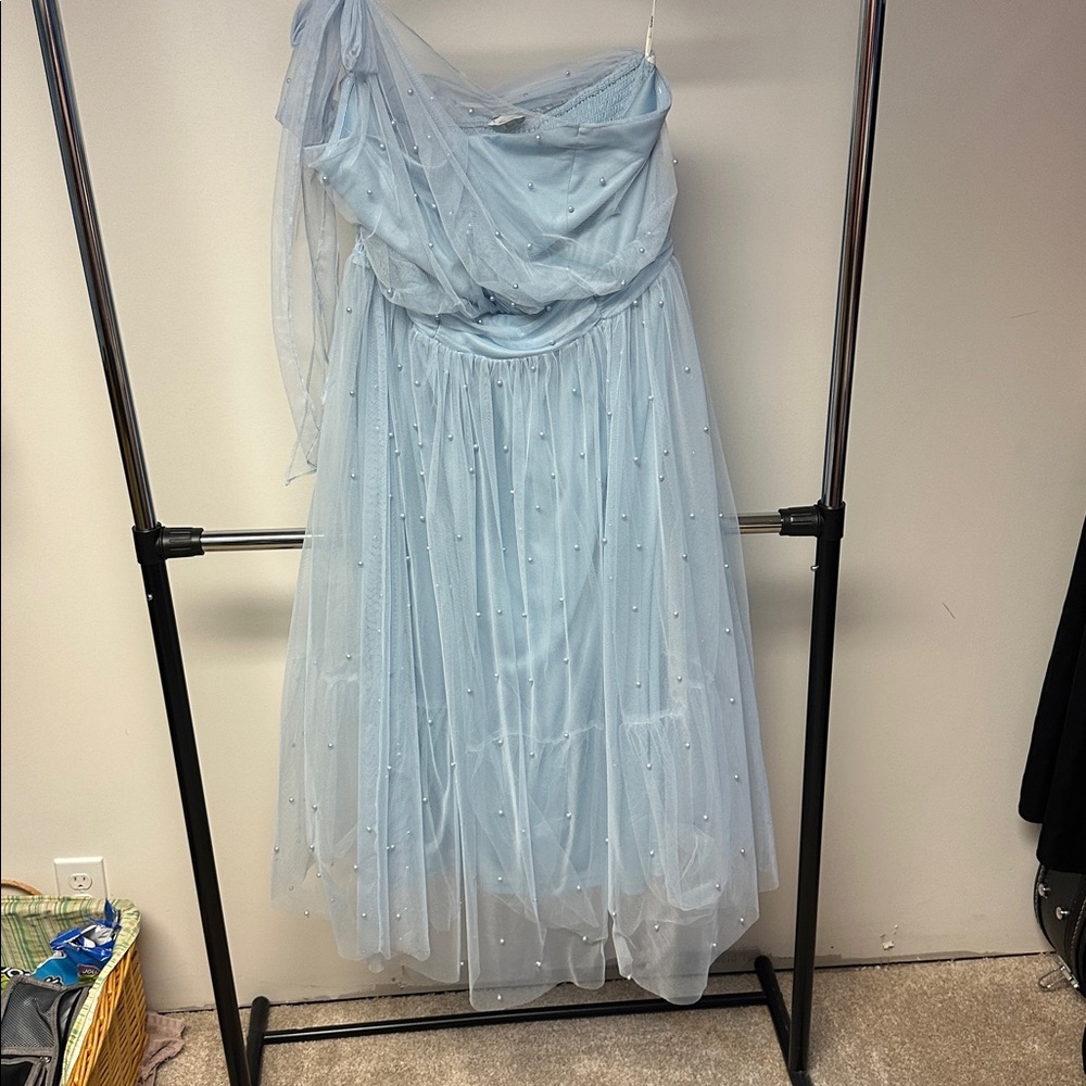Arula Light Blue Mesh & Pearl One Shoulder Dress